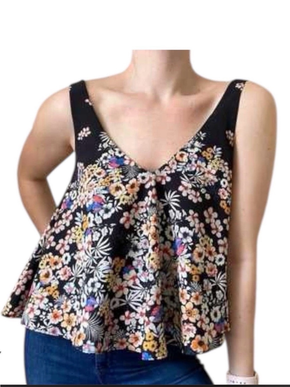 Zara Black Floral V-Neck Swing Camisole